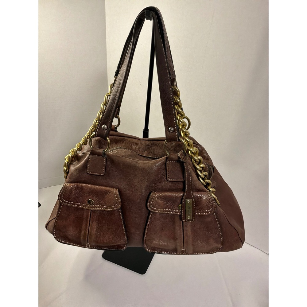 Abro Vintage Genuine Leather Brown Satchel Gold Chain Hardware